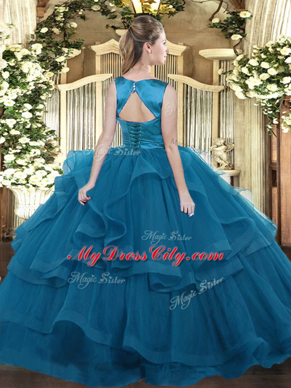 Tulle Scoop Sleeveless Lace Up Ruffles Sweet 16 Dresses in Blue