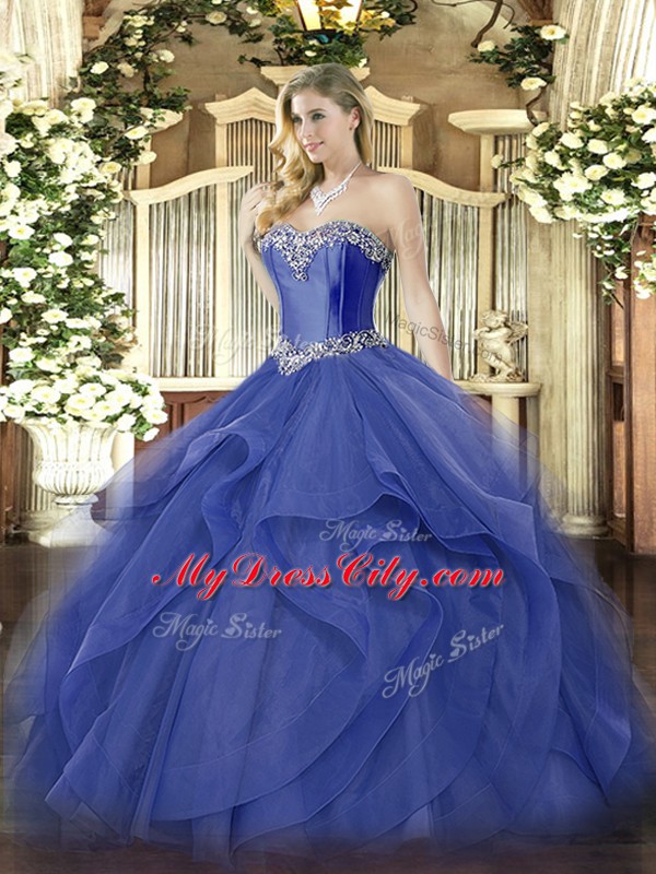 High End Floor Length Blue Quinceanera Dress Sweetheart Sleeveless Lace Up