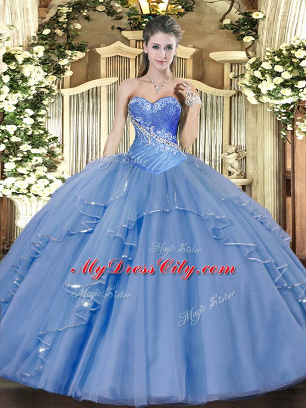 Sweetheart Sleeveless Tulle Quinceanera Gown Beading and Ruffles Lace Up