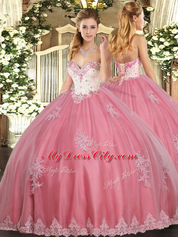 High End Watermelon Red Sleeveless Beading and Appliques Floor Length Sweet 16 Quinceanera Dress