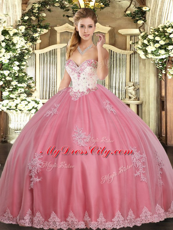 High End Watermelon Red Sleeveless Beading and Appliques Floor Length Sweet 16 Quinceanera Dress