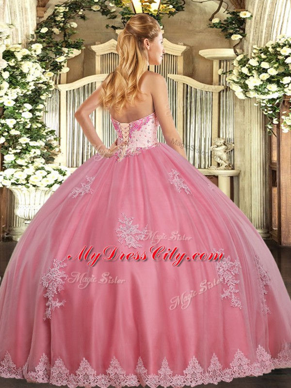 High End Watermelon Red Sleeveless Beading and Appliques Floor Length Sweet 16 Quinceanera Dress