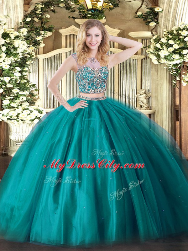 Romantic Teal Tulle Lace Up Quinceanera Gown Sleeveless Floor Length Beading