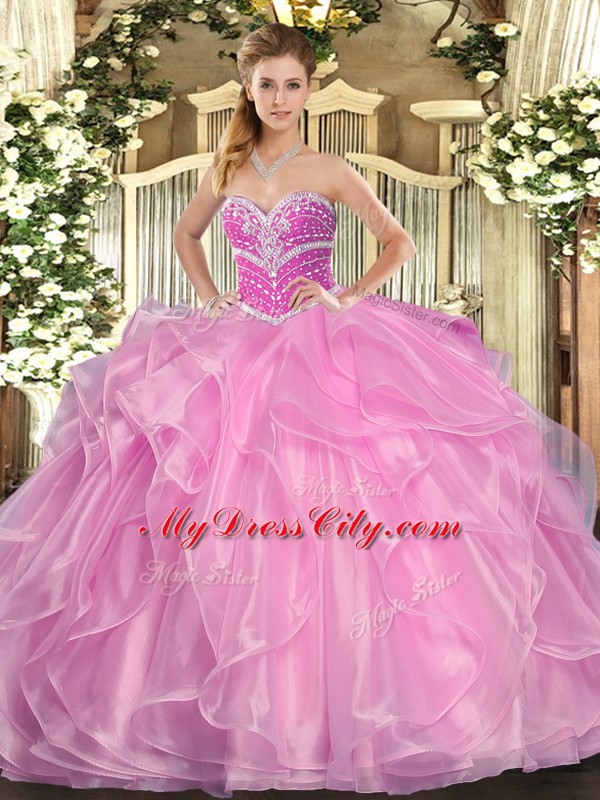 Spectacular Sweetheart Sleeveless Quinceanera Gown Floor Length Beading and Ruffles Lilac Organza