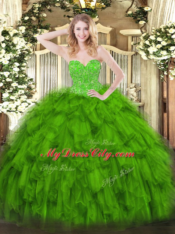 Flare Green Sweetheart Neckline Beading and Ruffles Quinceanera Dress Sleeveless Lace Up