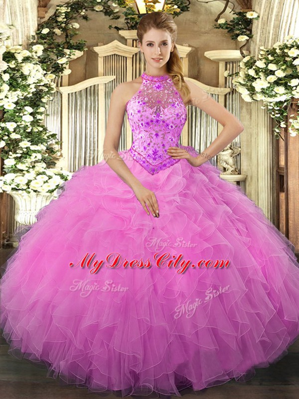 Halter Top Sleeveless Lace Up Quinceanera Dress Rose Pink Organza