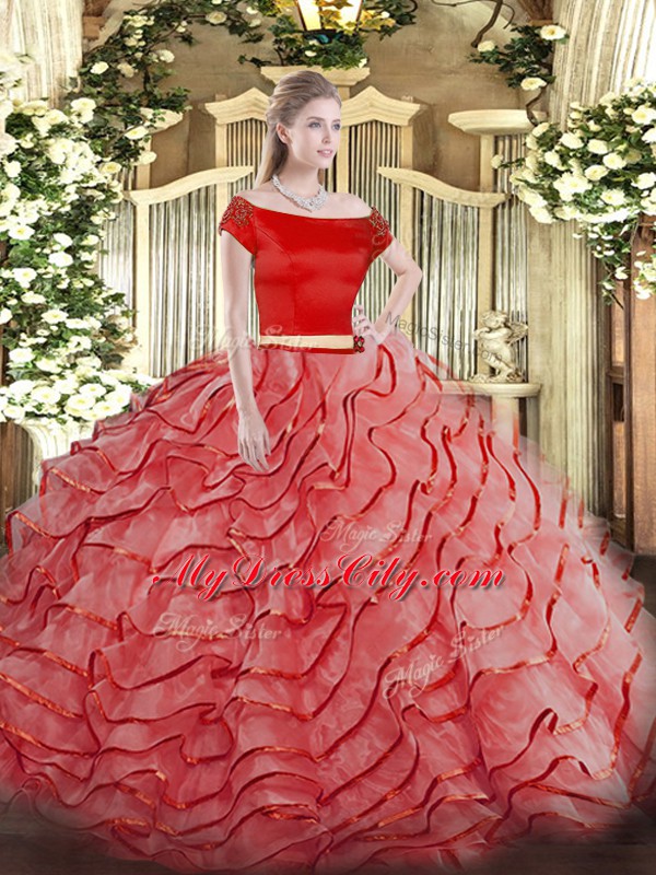 High Class Coral Red Two Pieces Off The Shoulder Short Sleeves Tulle Brush Train Zipper Ruffled Layers 15th Birthday Dress