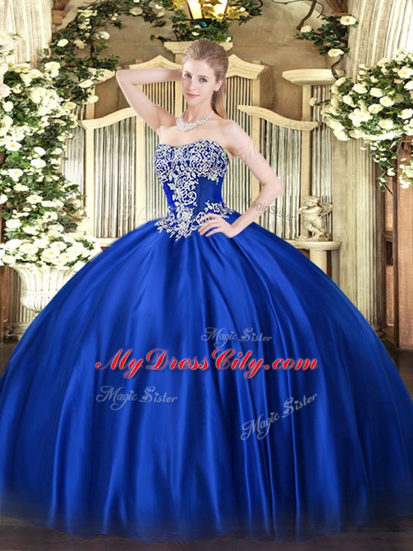 Royal Blue Strapless Neckline Beading Ball Gown Prom Dress Sleeveless Lace Up