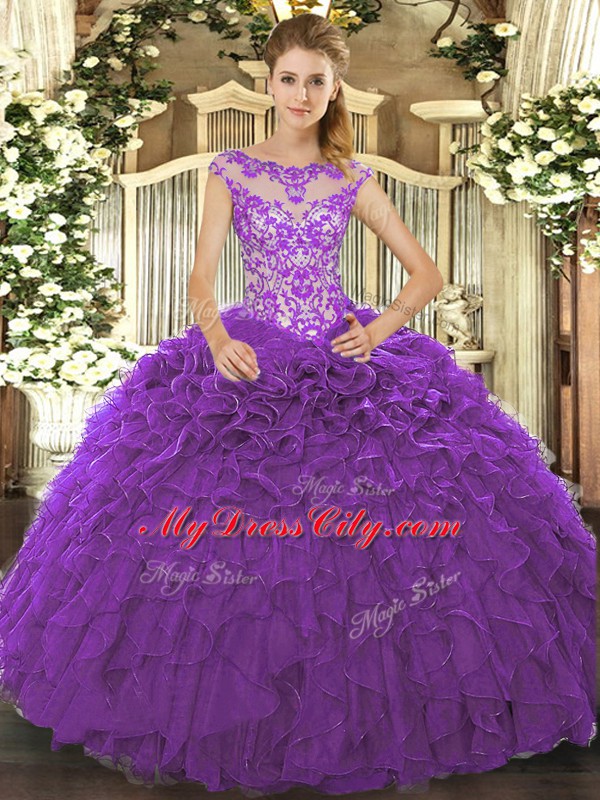 Latest Purple Lace Up Quinceanera Gown Beading and Ruffles and Hand Made Flower Cap Sleeves Floor Length