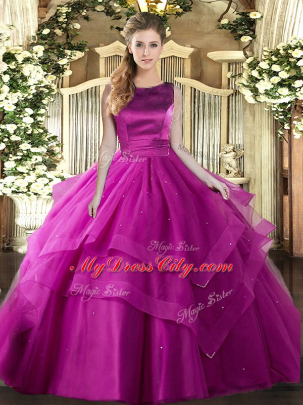 Ruffles and Ruffled Layers Sweet 16 Quinceanera Dress Fuchsia Lace Up Sleeveless Floor Length