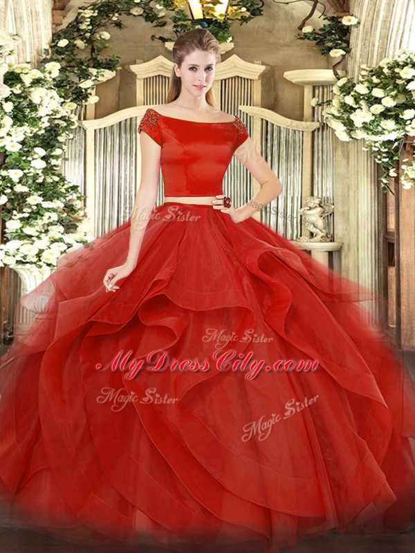 Red Off The Shoulder Zipper Appliques and Ruffles Quinceanera Dresses Short Sleeves