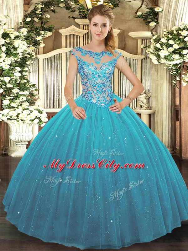 Modern Teal Tulle Lace Up Quinceanera Gowns Sleeveless Floor Length Beading