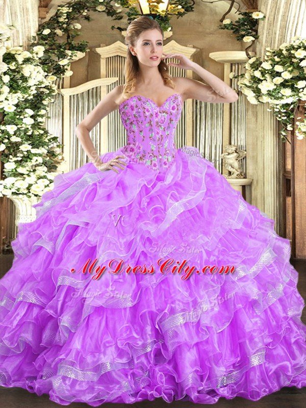 Dramatic Lilac Sleeveless Floor Length Embroidery and Ruffled Layers Lace Up Vestidos de Quinceanera