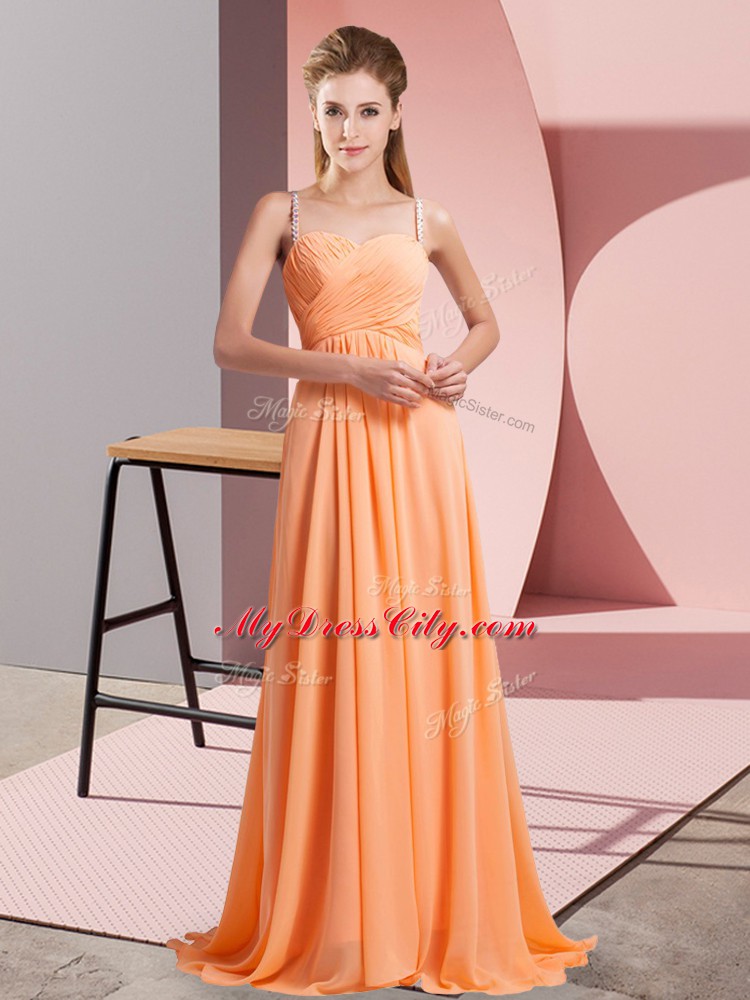 Luxurious Orange Red Backless Spaghetti Straps Beading Prom Party Dress Chiffon Sleeveless