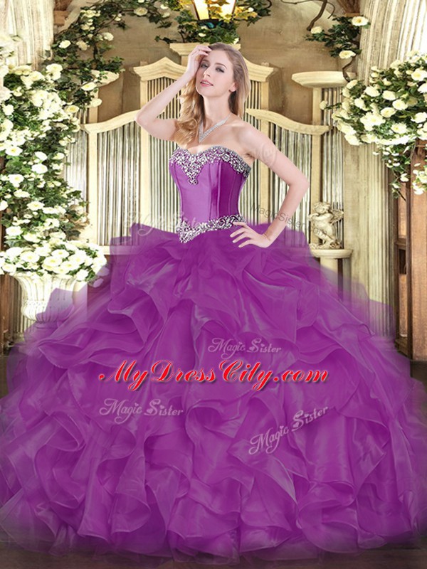 Luxurious Fuchsia Ball Gowns Sweetheart Sleeveless Organza Floor Length Lace Up Beading and Ruffles Quince Ball Gowns