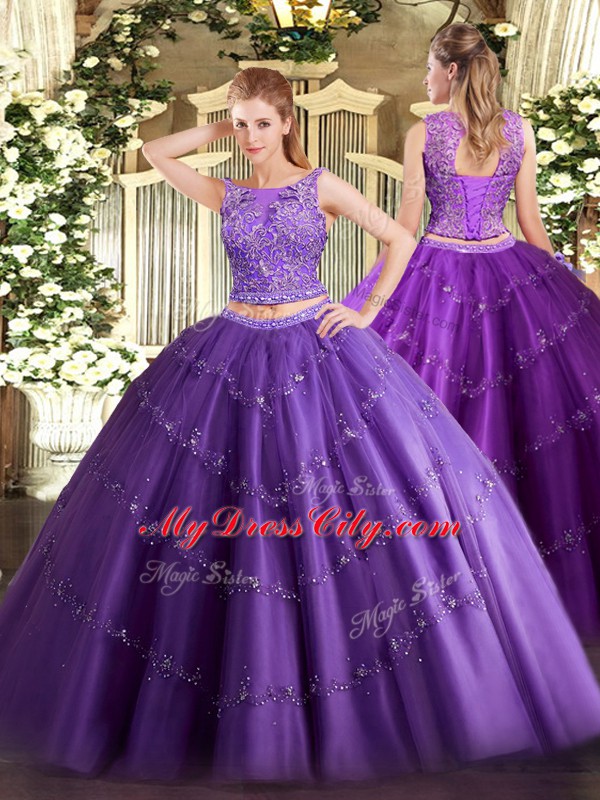 Discount Purple Two Pieces Tulle Scoop Sleeveless Beading and Appliques Floor Length Lace Up Sweet 16 Dresses