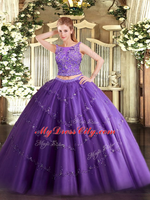 Discount Purple Two Pieces Tulle Scoop Sleeveless Beading and Appliques Floor Length Lace Up Sweet 16 Dresses