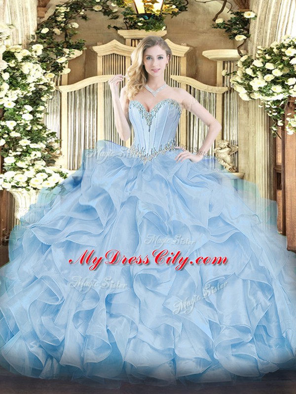 Sleeveless Organza Floor Length Lace Up Quinceanera Gowns in Blue with Beading and Ruffles