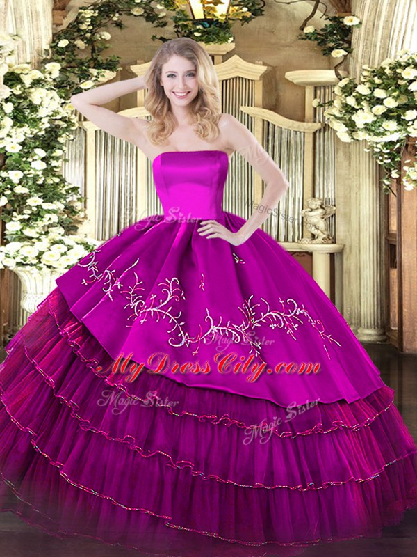 Floor Length Fuchsia Quinceanera Gowns Strapless Sleeveless Zipper