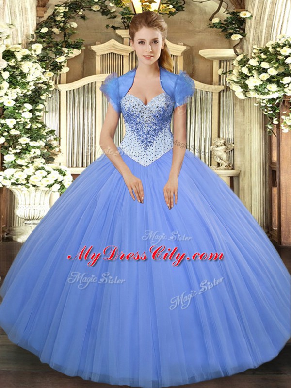 Excellent Tulle Sweetheart Sleeveless Lace Up Beading 15 Quinceanera Dress in Baby Blue