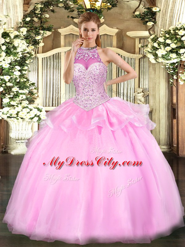 Cheap Halter Top Sleeveless 15 Quinceanera Dress Floor Length Beading Pink Tulle