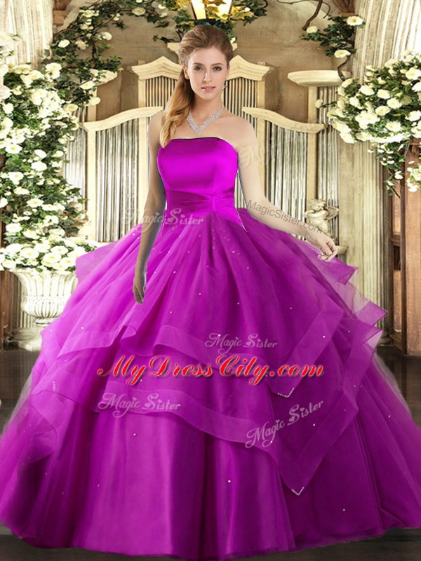 Fuchsia Strapless Neckline Ruffled Layers Quinceanera Dress Sleeveless Lace Up