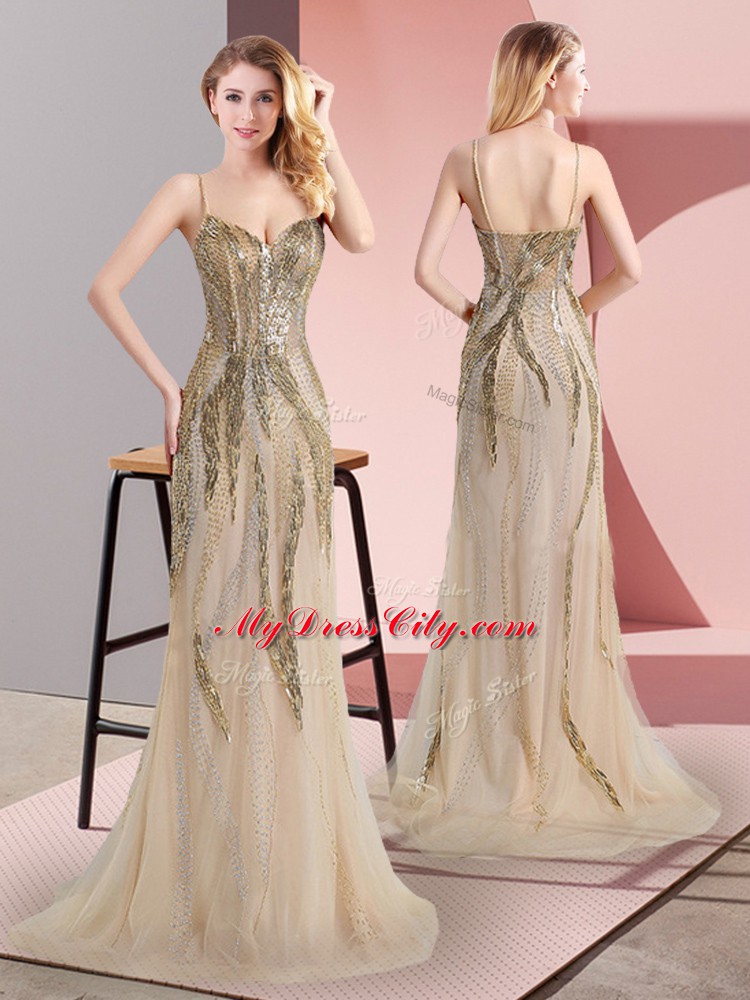 New Arrival Champagne Sleeveless Tulle Sweep Train Side Zipper Prom Evening Gown for Prom and Party