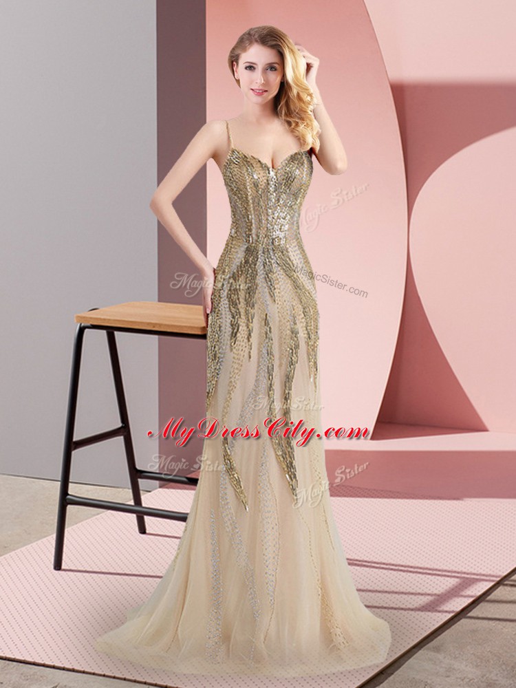 New Arrival Champagne Sleeveless Tulle Sweep Train Side Zipper Prom Evening Gown for Prom and Party