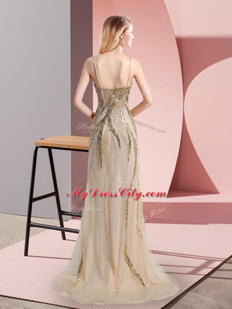 New Arrival Champagne Sleeveless Tulle Sweep Train Side Zipper Prom Evening Gown for Prom and Party