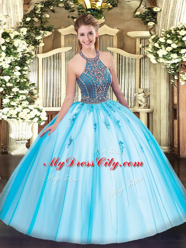 Halter Top Sleeveless Tulle 15th Birthday Dress Beading and Appliques Lace Up