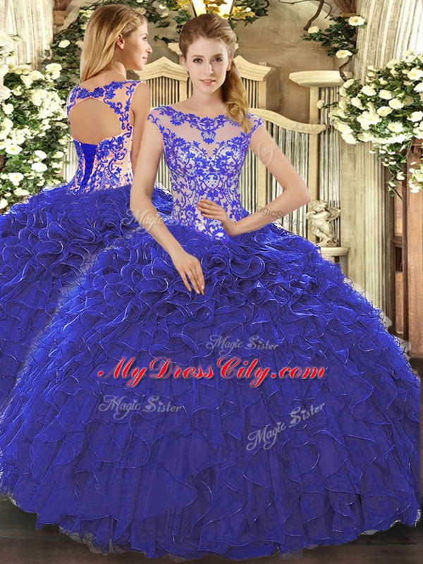 Floor Length Royal Blue Quinceanera Gown Scoop Cap Sleeves Lace Up