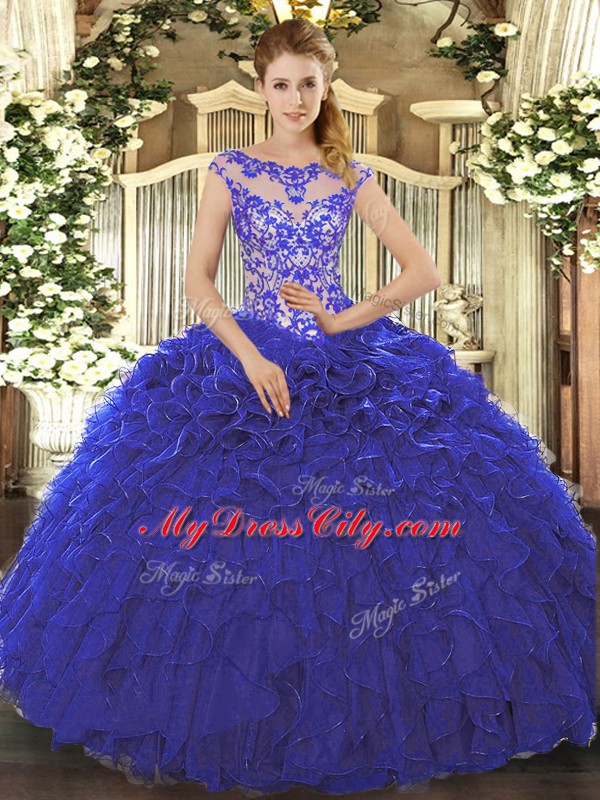 Floor Length Royal Blue Quinceanera Gown Scoop Cap Sleeves Lace Up