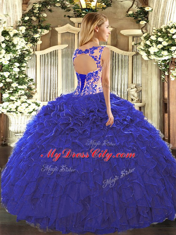 Floor Length Royal Blue Quinceanera Gown Scoop Cap Sleeves Lace Up