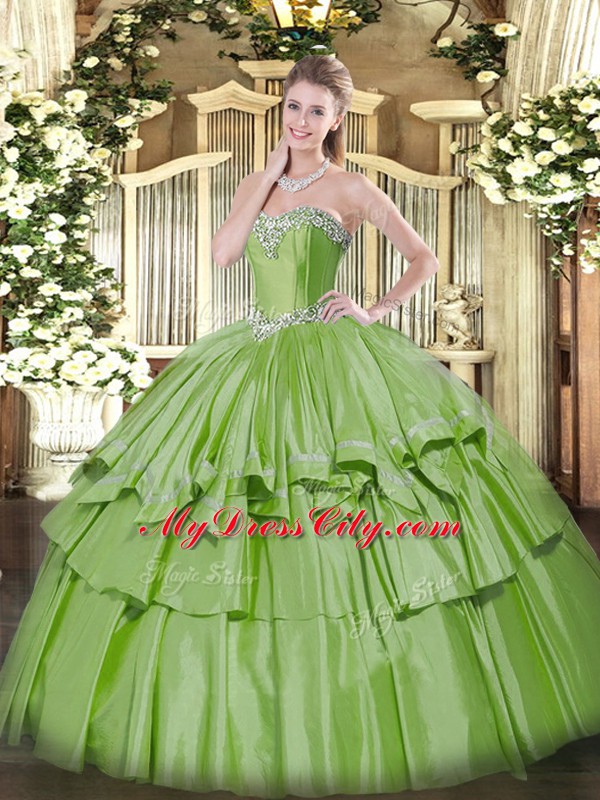 Yellow Green Ball Gowns Sweetheart Sleeveless Organza and Taffeta Floor Length Lace Up Beading and Ruffled Layers Quinceanera Dress