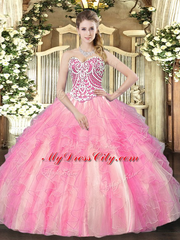 Rose Pink Ball Gowns Beading and Ruffles 15th Birthday Dress Lace Up Tulle Sleeveless Floor Length