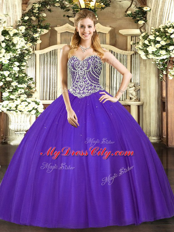 Beading Sweet 16 Dresses Purple Lace Up Sleeveless Floor Length