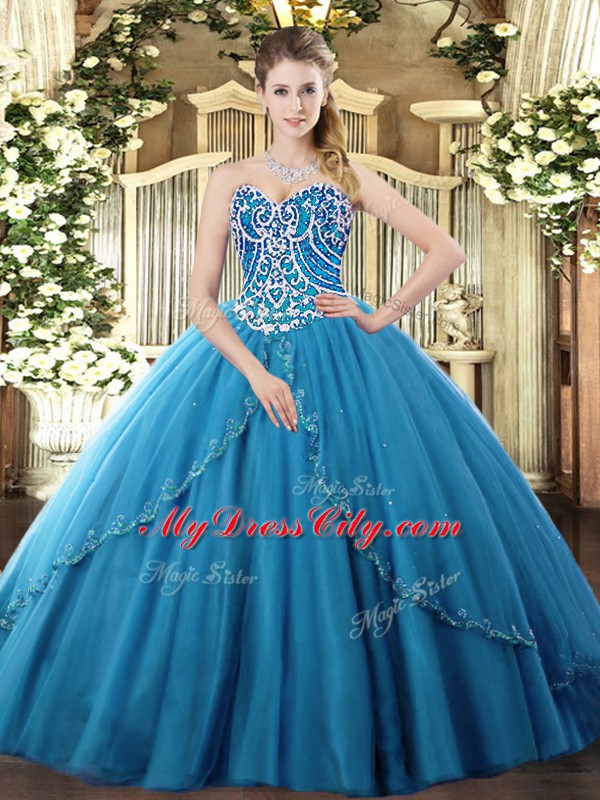 Sweetheart Sleeveless Quinceanera Dresses Brush Train Beading Blue Tulle