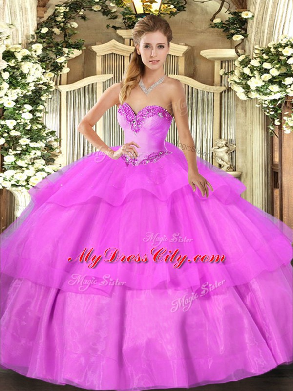 Deluxe Tulle Sweetheart Sleeveless Lace Up Beading and Ruffled Layers 15 Quinceanera Dress in Lilac