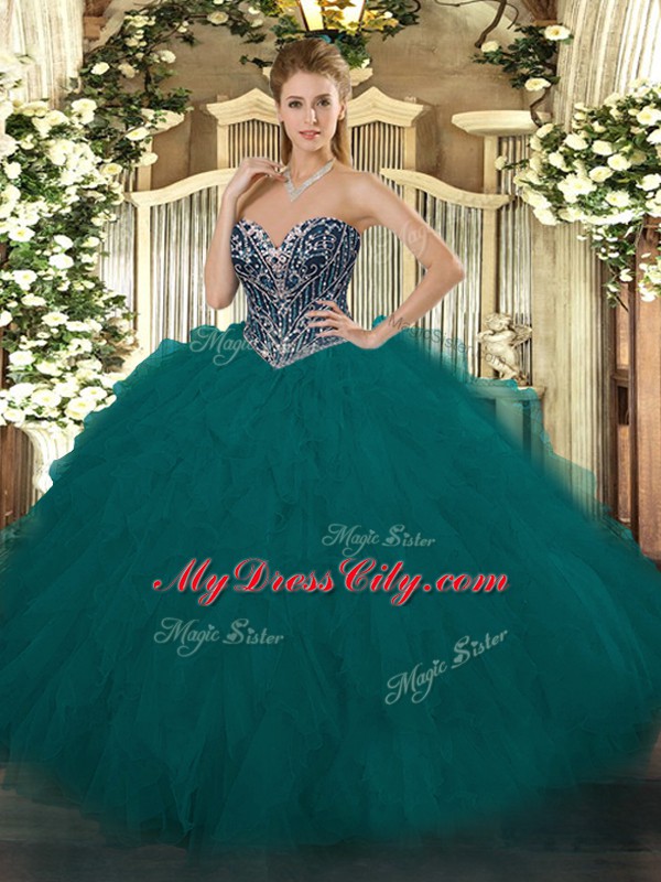 Luxurious Beading and Ruffles Quinceanera Gowns Teal Lace Up Sleeveless Floor Length