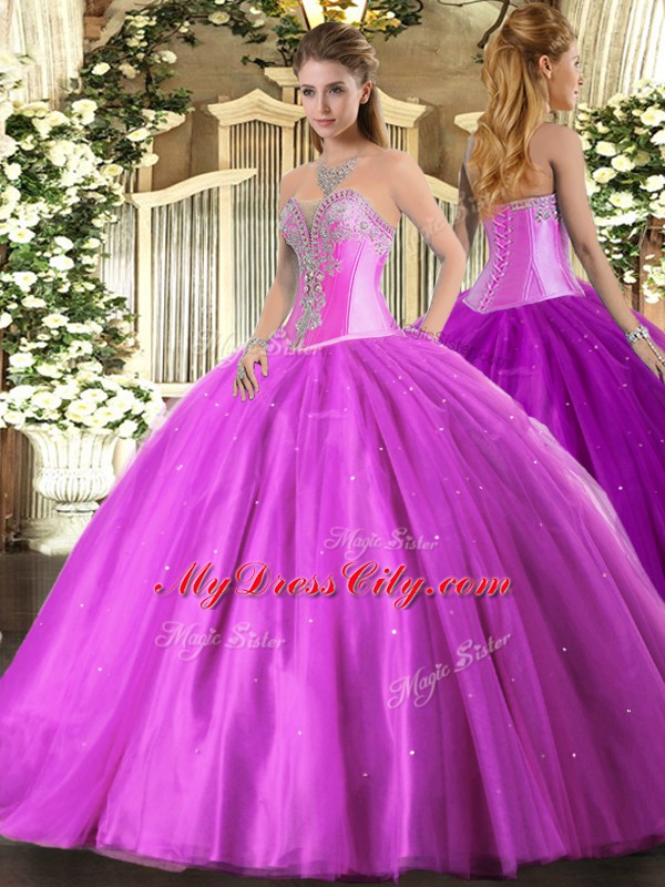 Sleeveless Floor Length Beading Lace Up Quince Ball Gowns with Lilac