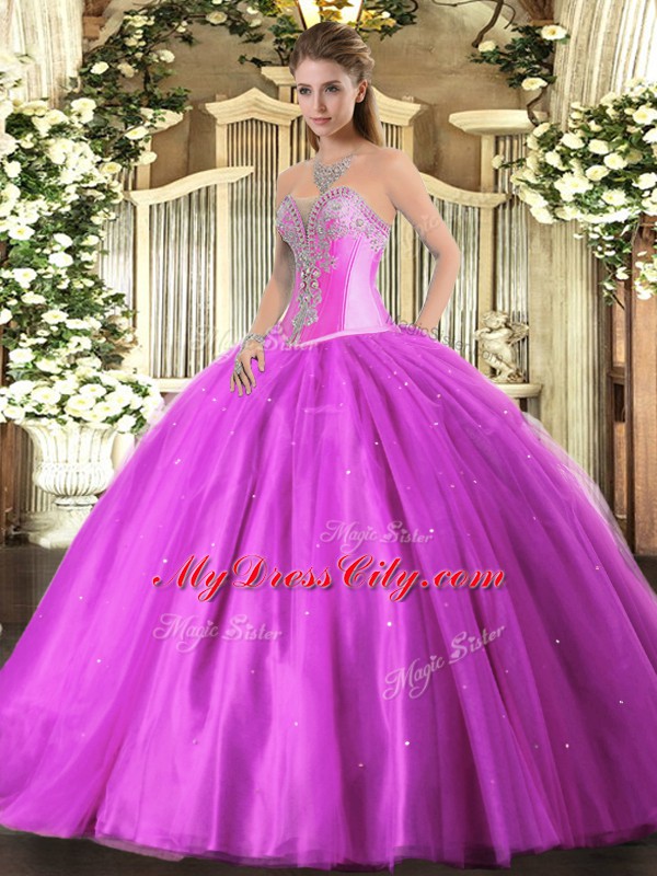 Sleeveless Floor Length Beading Lace Up Quince Ball Gowns with Lilac