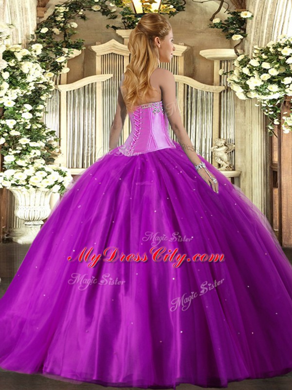 Sleeveless Floor Length Beading Lace Up Quince Ball Gowns with Lilac