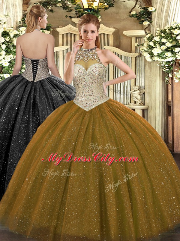 Brown Ball Gowns Beading Quinceanera Gown Lace Up Tulle Sleeveless Floor Length