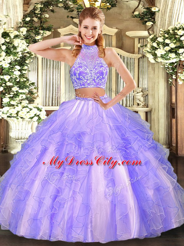 Tulle Halter Top Sleeveless Criss Cross Beading and Ruffled Layers Quince Ball Gowns in Lavender