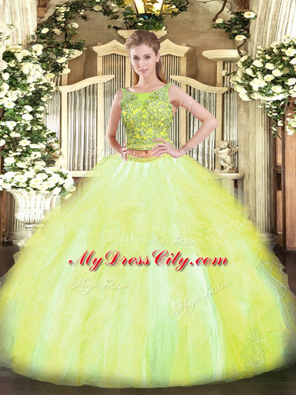 Fantastic Yellow Green Sleeveless Tulle Lace Up 15 Quinceanera Dress for Military Ball and Sweet 16 and Quinceanera