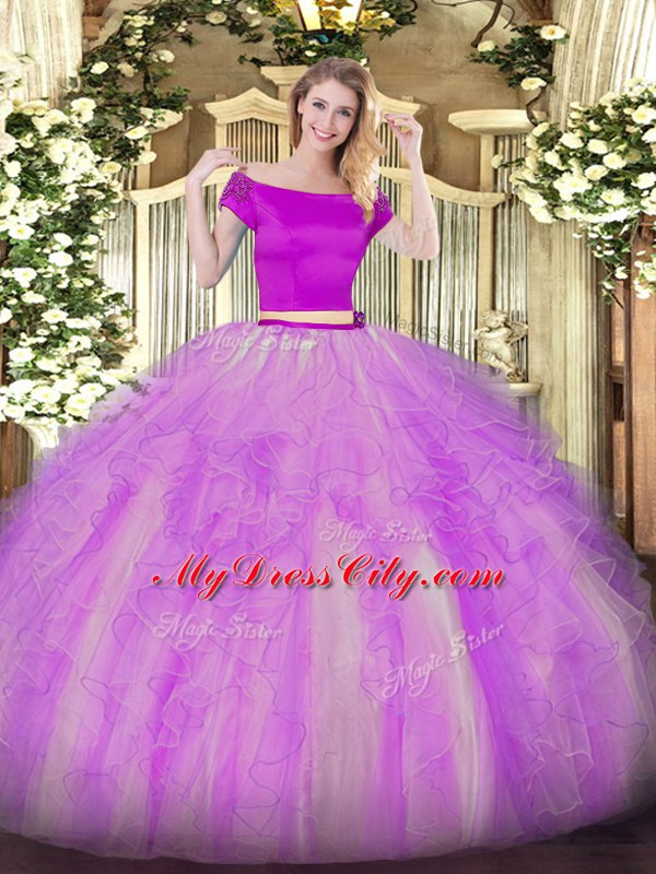 Lilac Vestidos de Quinceanera Military Ball and Sweet 16 and Quinceanera with Appliques and Ruffles Off The Shoulder Short Sleeves Zipper