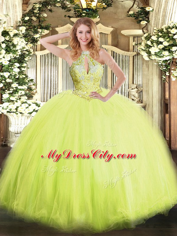 Hot Selling Yellow Green Ball Gowns Tulle Halter Top Sleeveless Beading Floor Length Lace Up Quinceanera Gown