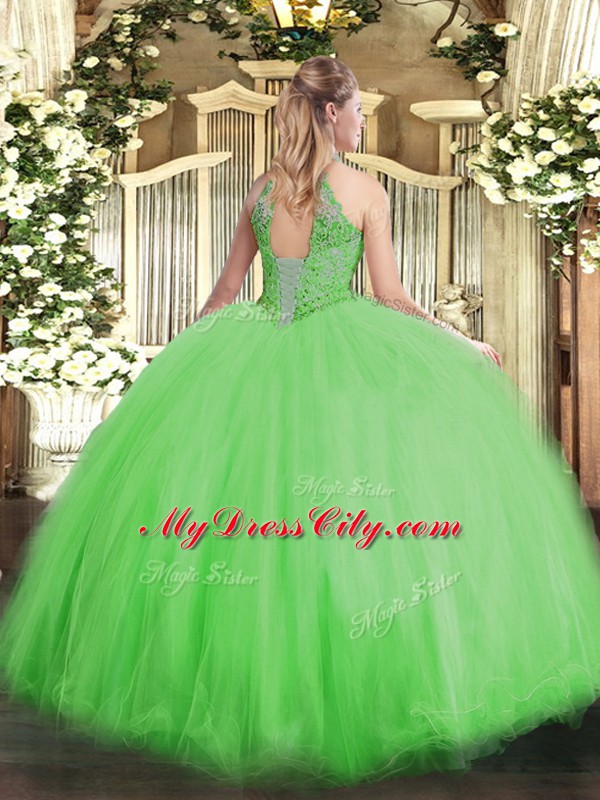 Hot Selling Yellow Green Ball Gowns Tulle Halter Top Sleeveless Beading Floor Length Lace Up Quinceanera Gown