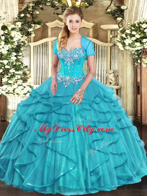 Smart Aqua Blue Ball Gowns Sweetheart Sleeveless Tulle Floor Length Lace Up Beading and Ruffles Quinceanera Dress