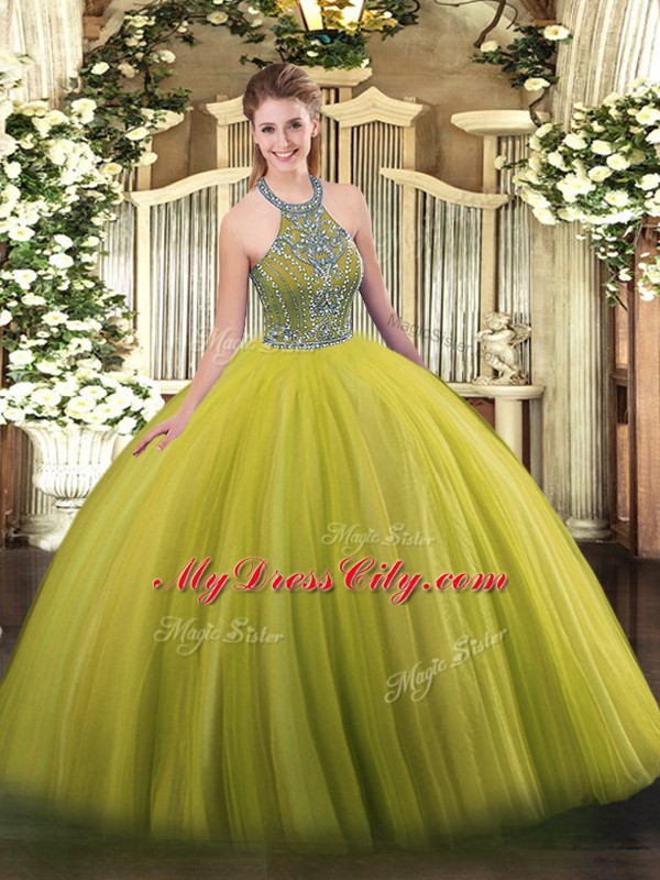 Traditional Olive Green Ball Gowns Halter Top Sleeveless Tulle Floor Length Lace Up Beading Quince Ball Gowns